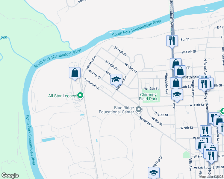 map of restaurants, bars, coffee shops, grocery stores, and more near 708 West 11th Street in Front Royal
