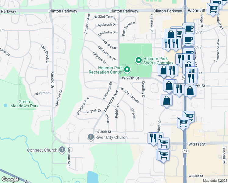 map of restaurants, bars, coffee shops, grocery stores, and more near 2712 Lockridge Drive in Lawrence