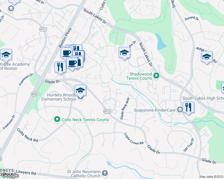 map of restaurants, bars, coffee shops, grocery stores, and more near 2311 Harleyford Court in Reston