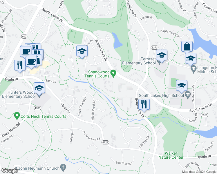 map of restaurants, bars, coffee shops, grocery stores, and more near 2224 Springwood Drive in Reston