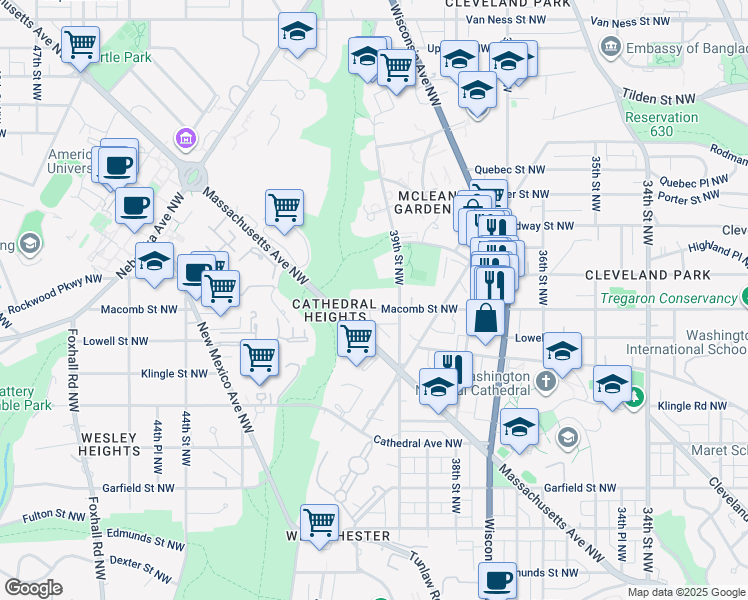 map of restaurants, bars, coffee shops, grocery stores, and more near 3901 Macomb Street Northwest in Washington