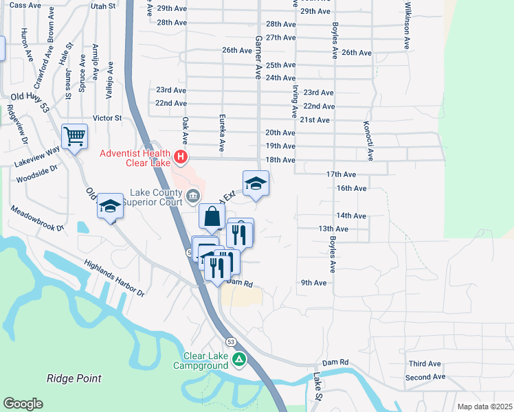 map of restaurants, bars, coffee shops, grocery stores, and more near 15850 Dam Road Extension in Clearlake