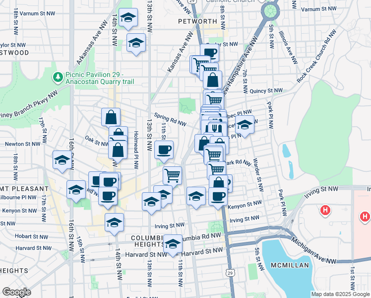 map of restaurants, bars, coffee shops, grocery stores, and more near 3540 Rock Creek Church Road Northwest in Washington
