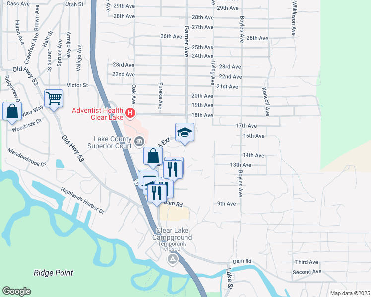map of restaurants, bars, coffee shops, grocery stores, and more near 15850 Dam Road Extension in Clearlake