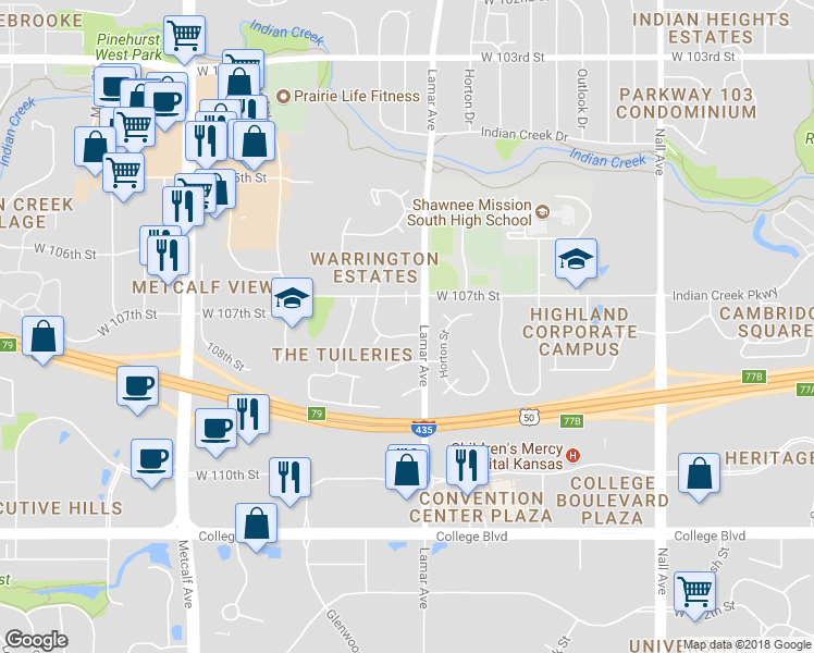 map of restaurants, bars, coffee shops, grocery stores, and more near 10763 Walmer Street in Leawood