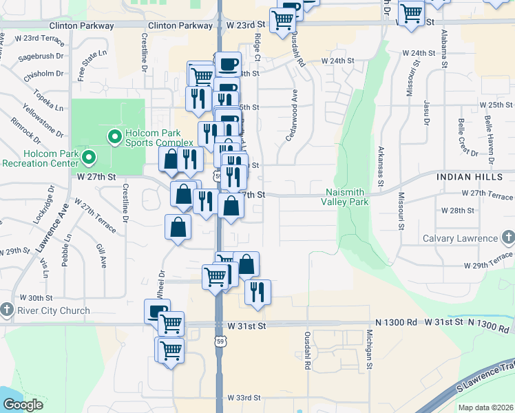 map of restaurants, bars, coffee shops, grocery stores, and more near 2704 Ridge Court in Lawrence