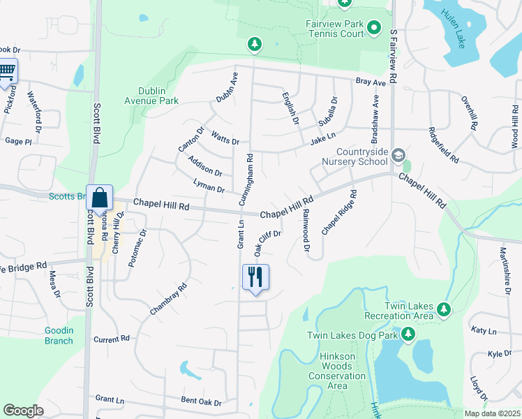 map of restaurants, bars, coffee shops, grocery stores, and more near 3601 Chapel Hill Road in Columbia