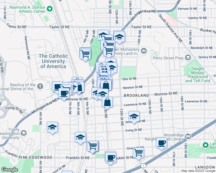 map of restaurants, bars, coffee shops, grocery stores, and more near 1204 Newton St NE in Washington
