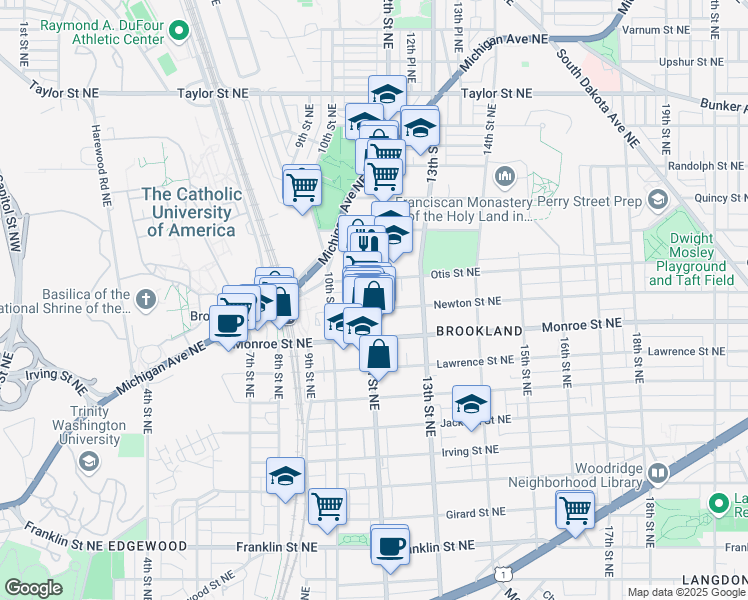 map of restaurants, bars, coffee shops, grocery stores, and more near 3601 12th Street Northeast in Washington