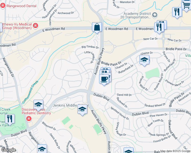 map of restaurants, bars, coffee shops, grocery stores, and more near 7085 Austin Bluffs Parkway in Colorado Springs
