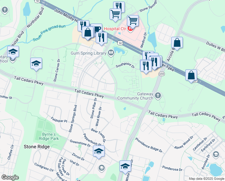 map of restaurants, bars, coffee shops, grocery stores, and more near 24703 Clock Tower Square in Stone Ridge