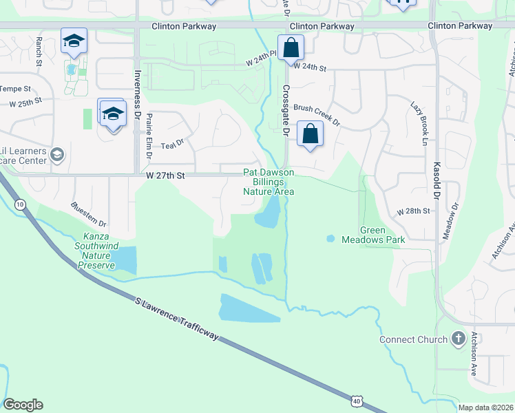 map of restaurants, bars, coffee shops, grocery stores, and more near 2724 Coralberry Court in Lawrence