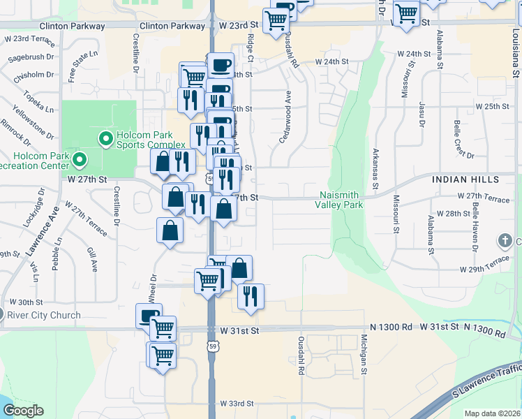 map of restaurants, bars, coffee shops, grocery stores, and more near 2706 Ridge Court in Lawrence