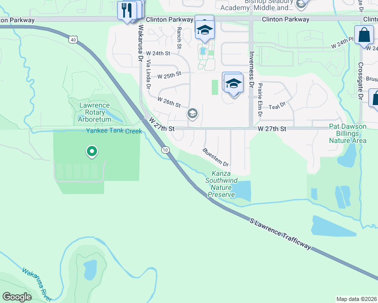 map of restaurants, bars, coffee shops, grocery stores, and more near 2722 Larkspur Court in Lawrence
