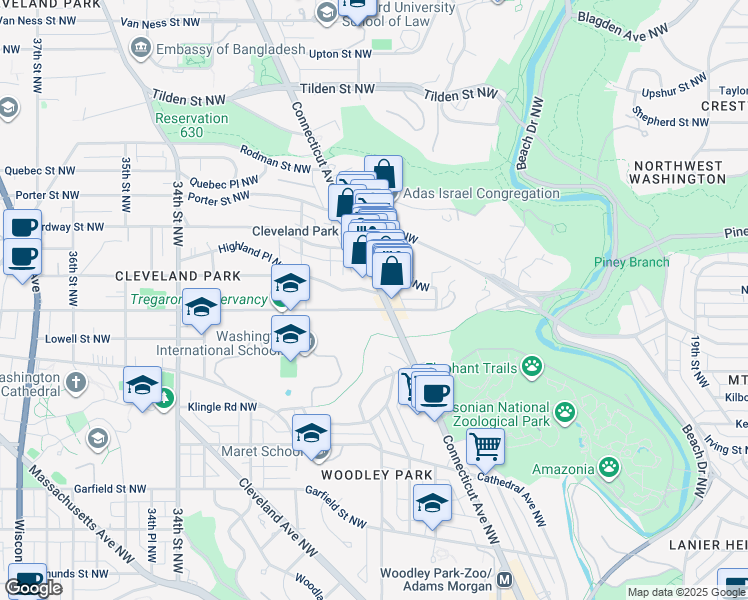 map of restaurants, bars, coffee shops, grocery stores, and more near 3310 Connecticut Avenue Northwest in Washington