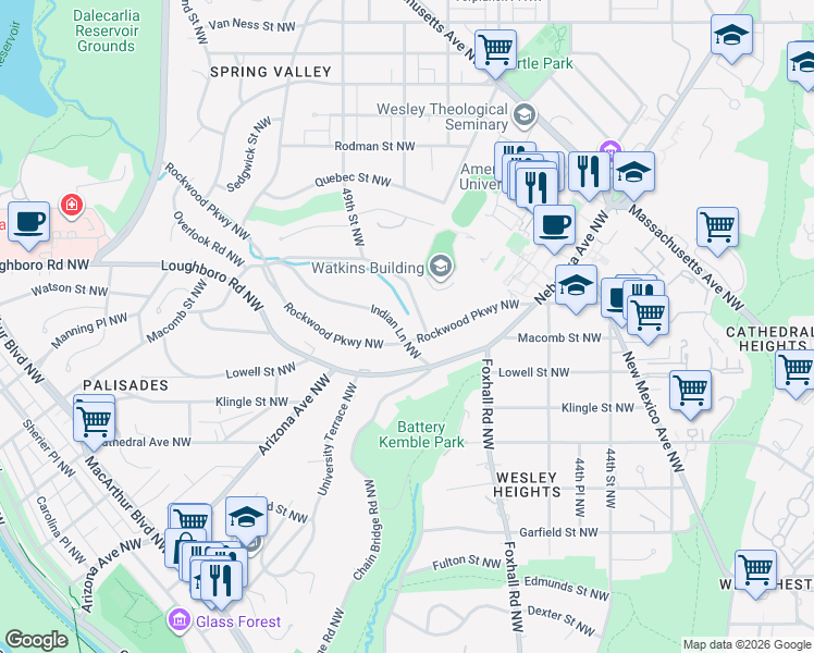 map of restaurants, bars, coffee shops, grocery stores, and more near 4801 Indian Lane Northwest in Washington