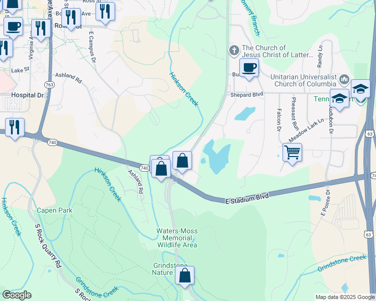 map of restaurants, bars, coffee shops, grocery stores, and more near 1201 Old 63 South in Columbia