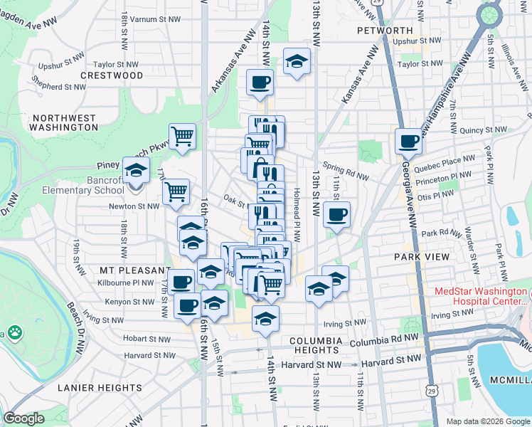 map of restaurants, bars, coffee shops, grocery stores, and more near 14th St NW & Oak St NW in Washington