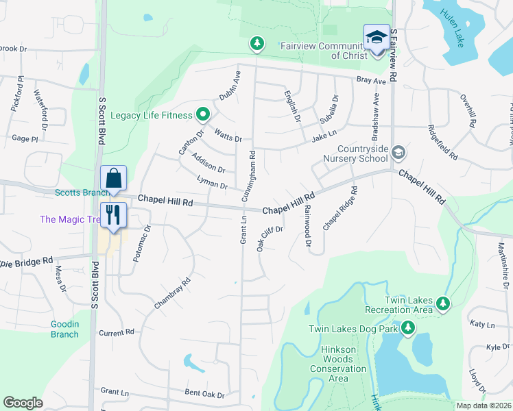 map of restaurants, bars, coffee shops, grocery stores, and more near 3601 Chapel Hill Road in Columbia