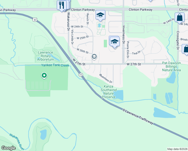 map of restaurants, bars, coffee shops, grocery stores, and more near 2722 Larkspur Court in Lawrence