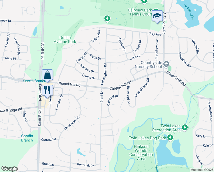 map of restaurants, bars, coffee shops, grocery stores, and more near 3601 Chapel Hill Road in Columbia