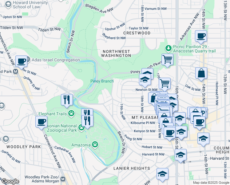 map of restaurants, bars, coffee shops, grocery stores, and more near 2017 Park Road Northwest in Washington