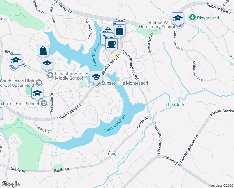 map of restaurants, bars, coffee shops, grocery stores, and more near 11132 Boathouse Court in Reston