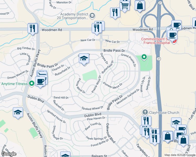 map of restaurants, bars, coffee shops, grocery stores, and more near 7104 Prairie Wind Drive in Colorado Springs