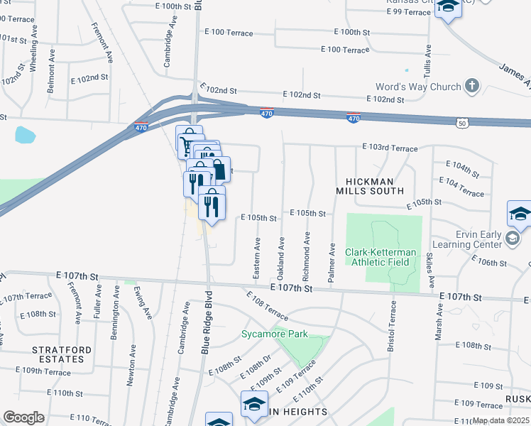 map of restaurants, bars, coffee shops, grocery stores, and more near 7308 East 105th Street in Kansas City