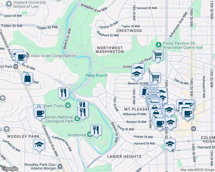 map of restaurants, bars, coffee shops, grocery stores, and more near 2017 Park Road Northwest in Washington
