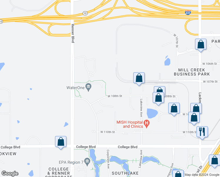 map of restaurants, bars, coffee shops, grocery stores, and more near 16210 West 108th Street in Lenexa