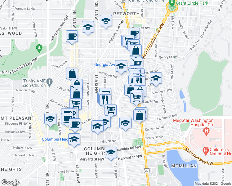 map of restaurants, bars, coffee shops, grocery stores, and more near 3545 10th Street Northwest in Washington