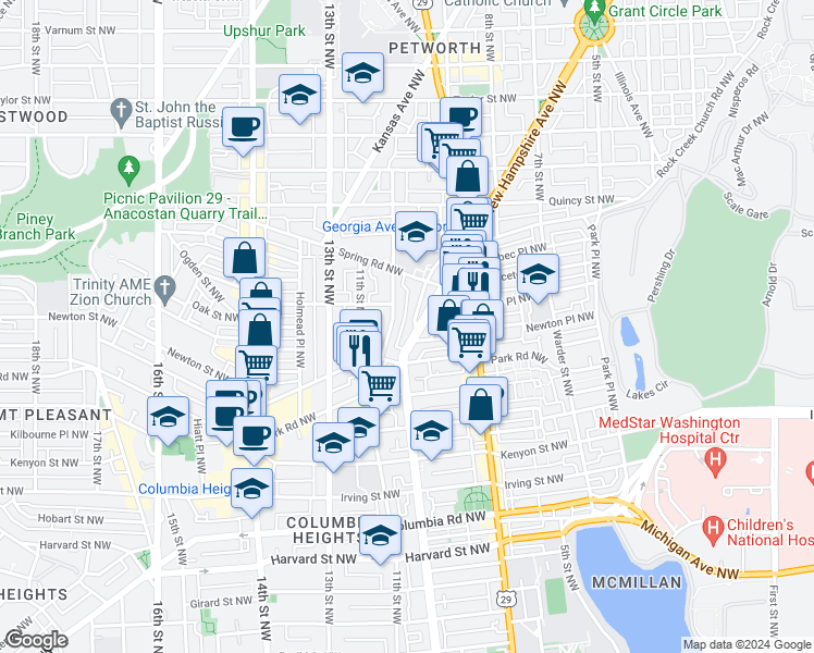 map of restaurants, bars, coffee shops, grocery stores, and more near 3540 Rock Creek Church Road Northwest in Washington