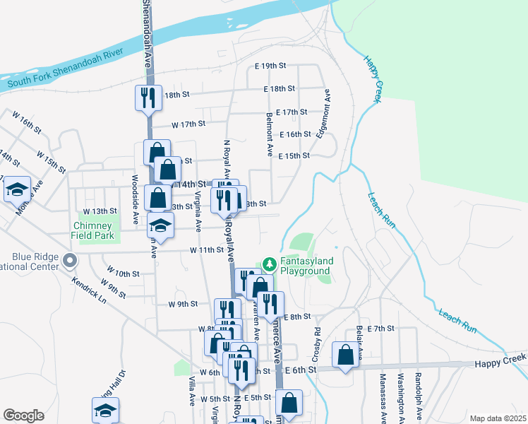 map of restaurants, bars, coffee shops, grocery stores, and more near 106 Fairview Avenue in Front Royal