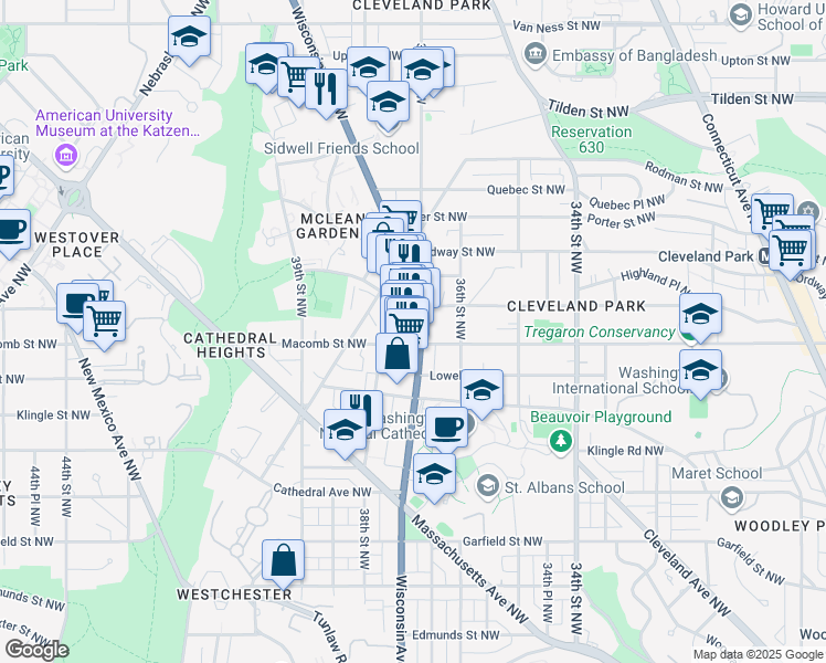 map of restaurants, bars, coffee shops, grocery stores, and more near 3308 Wisconsin Avenue Northwest in Washington