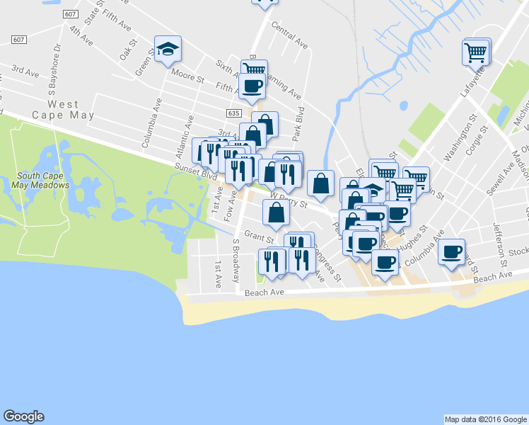 map of restaurants, bars, coffee shops, grocery stores, and more near 412 Congress Street in Cape May