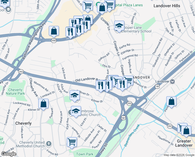 map of restaurants, bars, coffee shops, grocery stores, and more near 6434 Old Landover Road in Hyattsville