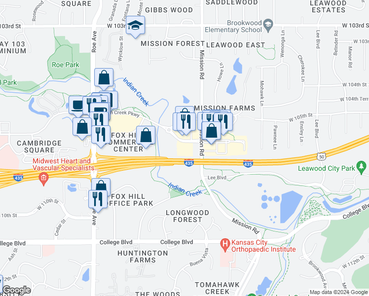 map of restaurants, bars, coffee shops, grocery stores, and more near 4001 Indian Creek Parkway in Overland Park