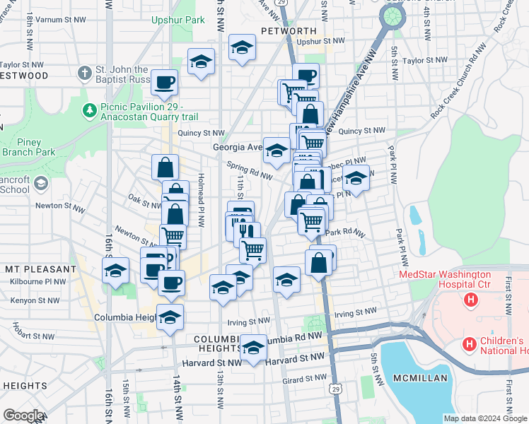 map of restaurants, bars, coffee shops, grocery stores, and more near 3545 10th Street Northwest in Washington