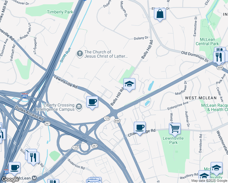 map of restaurants, bars, coffee shops, grocery stores, and more near 7434 Old Maple Square in McLean