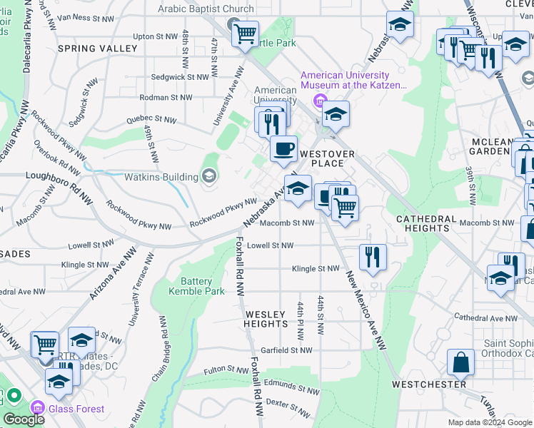 map of restaurants, bars, coffee shops, grocery stores, and more near 4527 Macomb Street Northwest in Washington