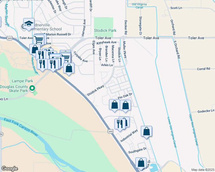 map of restaurants, bars, coffee shops, grocery stores, and more near 1400 Honey Locust Avenue in Gardnerville
