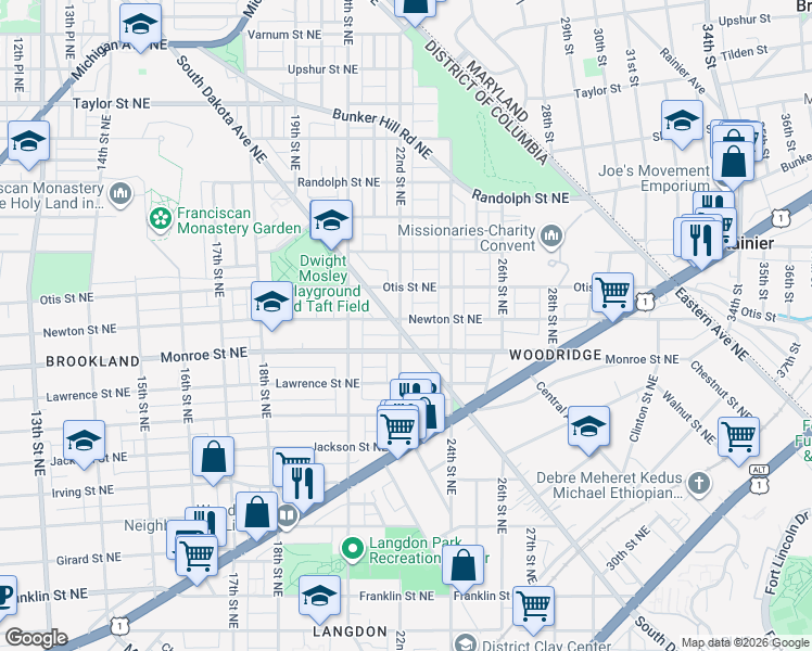 map of restaurants, bars, coffee shops, grocery stores, and more near 3525 South Dakota Avenue Northeast in Washington