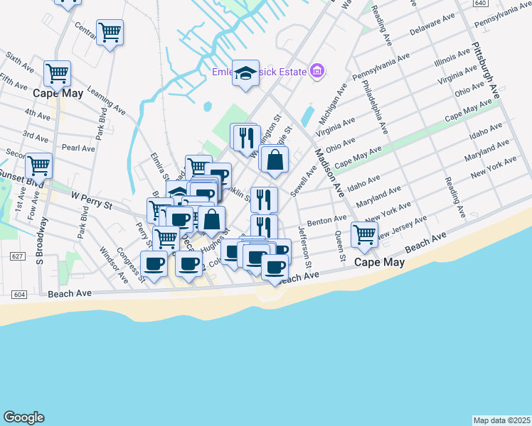 map of restaurants, bars, coffee shops, grocery stores, and more near 722 Columbia Avenue in Cape May