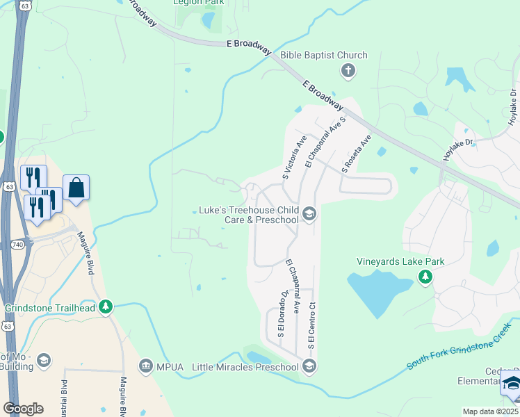 map of restaurants, bars, coffee shops, grocery stores, and more near 1470 South Sonora Drive in Columbia