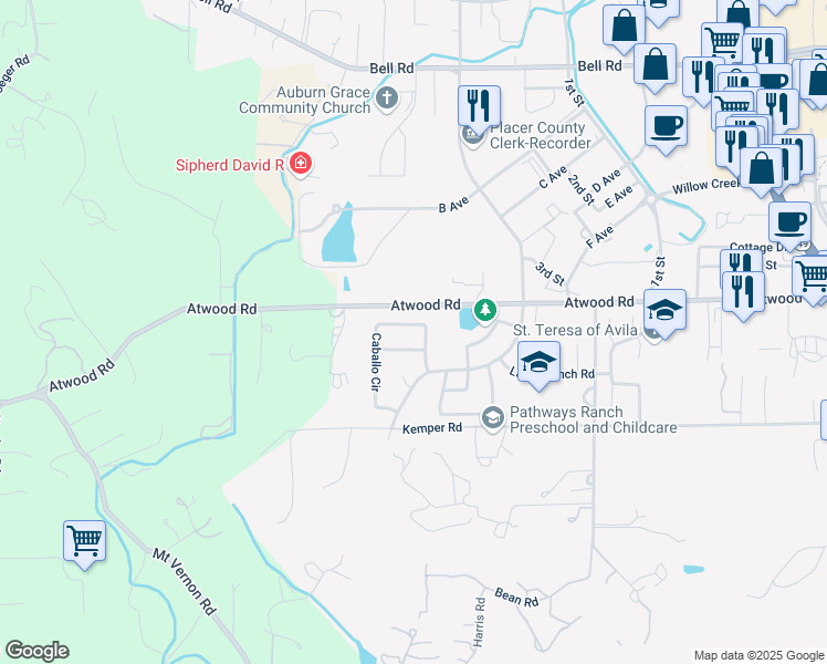 map of restaurants, bars, coffee shops, grocery stores, and more near 11070 Caballo Circle in Auburn