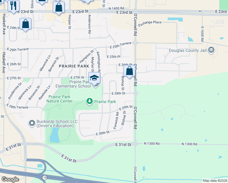 map of restaurants, bars, coffee shops, grocery stores, and more near 2717 Fenwick Road in Lawrence
