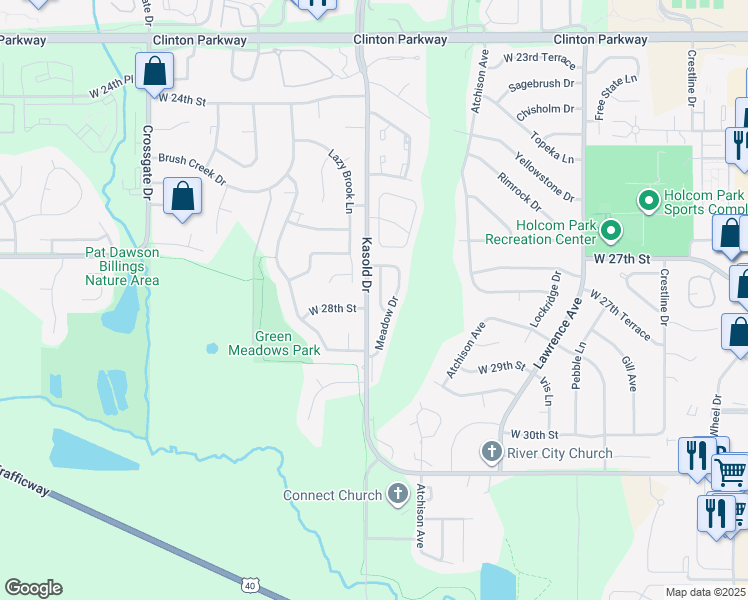 map of restaurants, bars, coffee shops, grocery stores, and more near 2728 Meadow Place in Lawrence