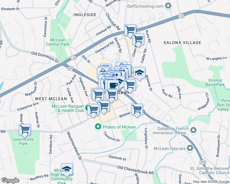map of restaurants, bars, coffee shops, grocery stores, and more near 6805 Old Dominion Drive in McLean