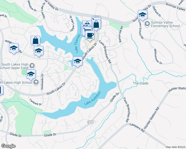 map of restaurants, bars, coffee shops, grocery stores, and more near 11128 Boathouse Court in Reston